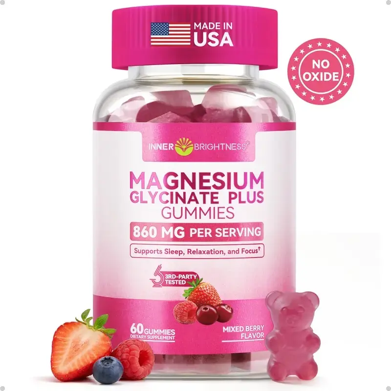 INNER BRIGHTNESS Clean Magnesium Complex Gummies, Sugar-Free, 860mg with 3 Essential Magnesium—Glycinate, Taurate, and Citrate—for Sleep, Muscle & Heart Health #SummerVibes,travel essentials ( 60 Gummies )