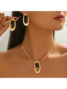 Non-Natural Black Onyx Inlaid Pendant Necklace Earring Set, 18K Gold Plated Smooth Snake Long Chain, Hypoallergenic Non Tarnish, Unique Minimalist Versatile for Women, Daily Wear Party Wedding Date, Gift for Her Mom Girlfriend 2026 New