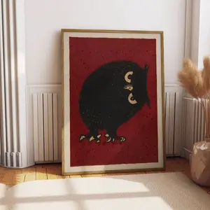 Vintage Owl Art Retro Japanese Style Drawing Print Japan Edo Poster Moody Bedroom Decor Dark Gothic Red Color Minimalist Boho Wall Art