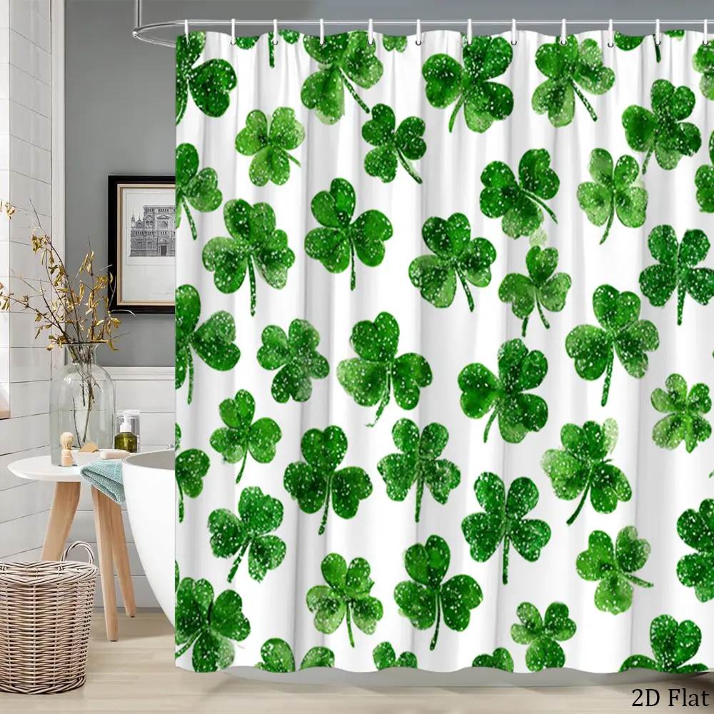 1pc St. Patrick'S Day Shower Curtain | Green Shamrock Pattern Floral Bathroom Decor Polyester Fabric Bath Divider Hanging Curtain 70.8x70.8 Inch with 12 Hooks, Washable, Fashion Theme, Bathroom Decoration Accessories