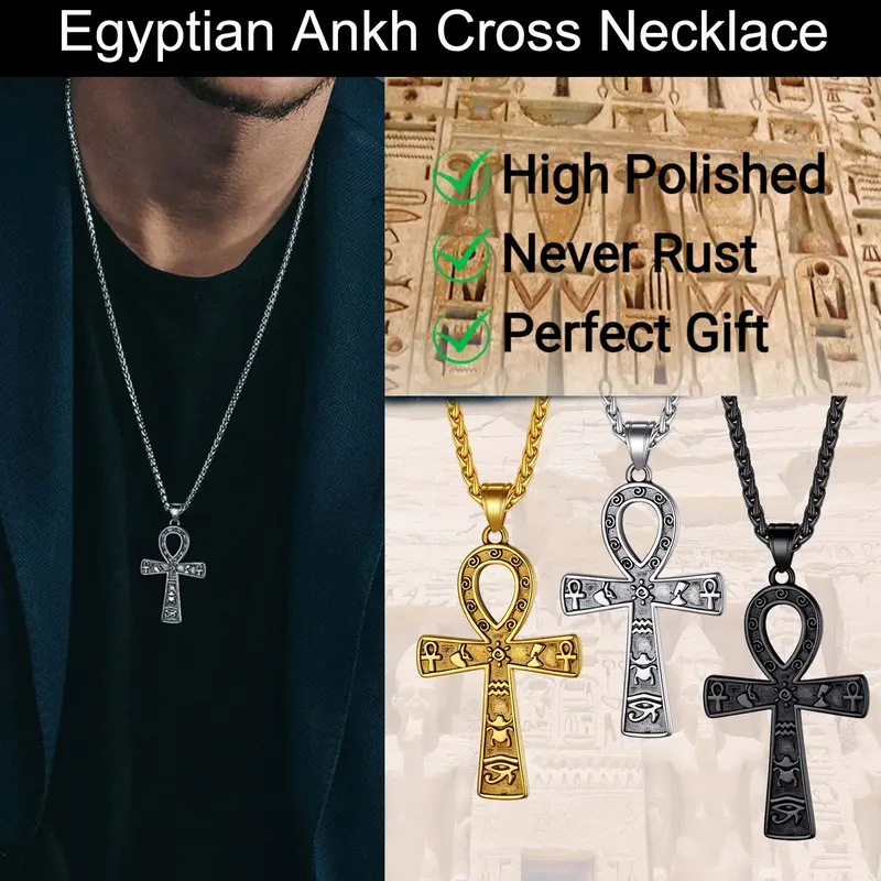 FaithHeart Egyptian Ankh Cross Pendant Necklace With Hieroglyphic Ideograph