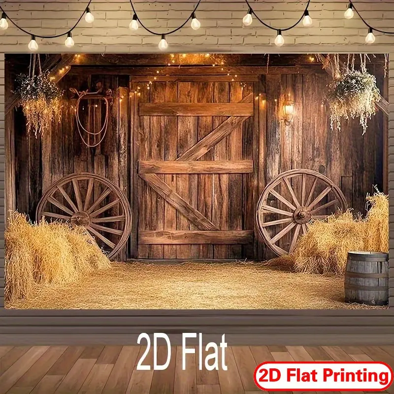 2D flat, 1 piece of Western barn backdrop banner, featuring a rustic farm party decoration with wooden doors, hay bales, and wagon wheels, suitable for birthdays, weddings, and cowboy-themed parties, creating a warm and inviting atmosphere with lighting