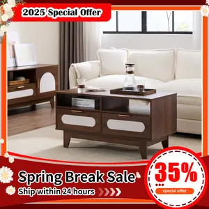 EBELLO 39 inch Coffee Table, Mid Century Coffee Table with 4 Drawers and 2 Shelve, Rectangle Wooden Wood Coffee Table for Living Room,Walnut