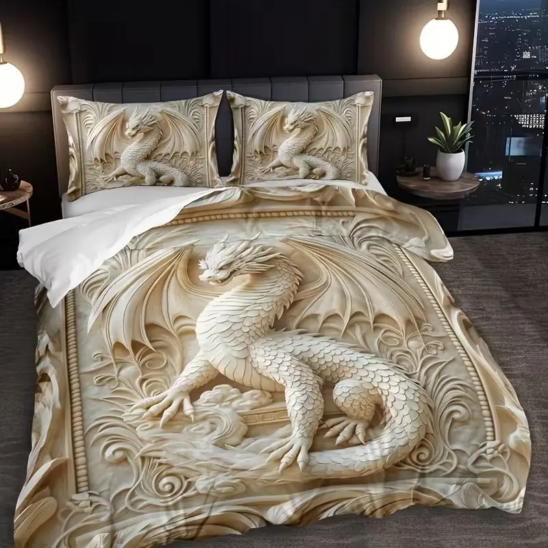 Dragon Pattern Bedding Set, Includes One Fitted Sheet and Two Pillowcases, Soft Polyester Material, Ideal Bedroom Decoration, Decorative Bedding Set