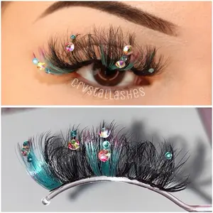 “Mermaid” 25mm Teal & Pink Rhinestone Two Toned Fluffy Lashes High Quality Strip Reusable Eyelashes for Makeup & Cosmetic Use
