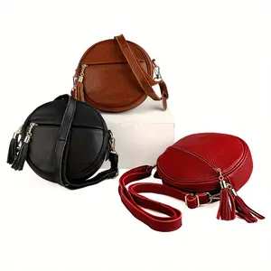 2025 New Korean Style Women's Round Crossbody-Shoulder Bag - Genuine Leather Multifunctional Zipper Purse with Adjustable Tassel Straps, Golden-Tone Hardware, Polyester Lining, Casual Stylish Clutch for Everyday Use (Deep Brown/Red/Black)