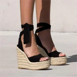 Women's Black Lace-Up Espadrille Wedge Sandals Open Toe Ankle Strap Platform Heels Summer Casual Footwear Comfortable Elegant Soft Suede Vamp Jute Rope Heel Girl Walking Shoes Stylish Classy Fashion Heeled