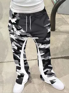 Men's Fashion 3D Camouflage Print Flare Athletic Activewear Pants, Loose Casual Pocket Drawstring, Sporty Streetwear Hip Hop Vintage Long Sportswear Pants