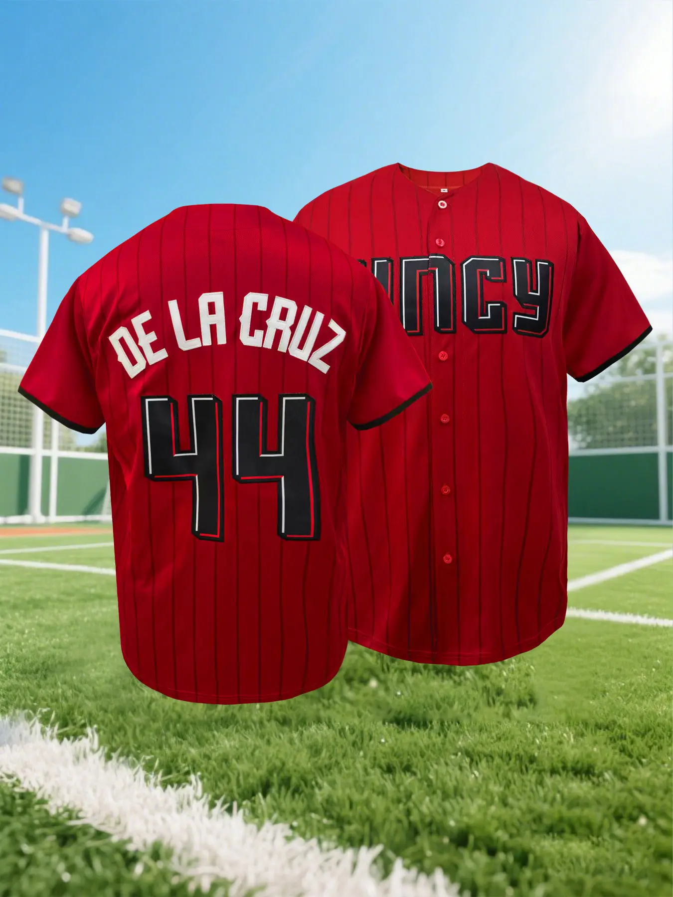 Men's Red Baseball Jersey #44 - Loose Fit Short Sleeve Button-Up Shirt with Embroidered Number, Breathable Athletic Casual Streetwear for Sports