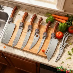 Super practical stainless steel kitchen set; Thickened and durable blade; Brown lion handle; Damascus pattern blade; Essential for cooking delic Multicolor Knife Set with upgrade knife masakan  rumahan