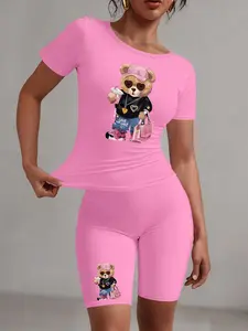Cartoon Bear Graphic Printed Women's Short Sleeve Top & Shorts Set, Casual Comfy Round Neck Short Sleeve Tee & Skinny Shorts, Ladies Clothes for Daily Wear, Everyday, 2 Pieces Women Suits Sets