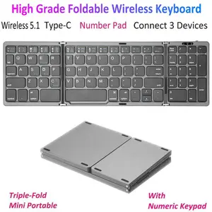 Portable Foldable Keyboard with Number Pad Numeric Keypad Rechargeable Wireless Keyboard for Windows Android iOS Computer Tablet PC Smart phone etc. Folding Mini Keyboard