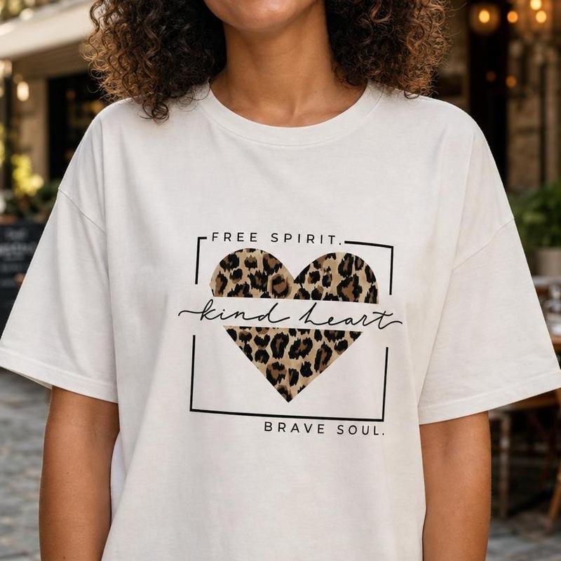 Women's 100% Cotton Blend Loose-Fit Crew Neck Drop Shoulders Leopard Print Short Sleeve Top - Inspirational Tee, Heart Graphic, Casual Fashion Tops for Women