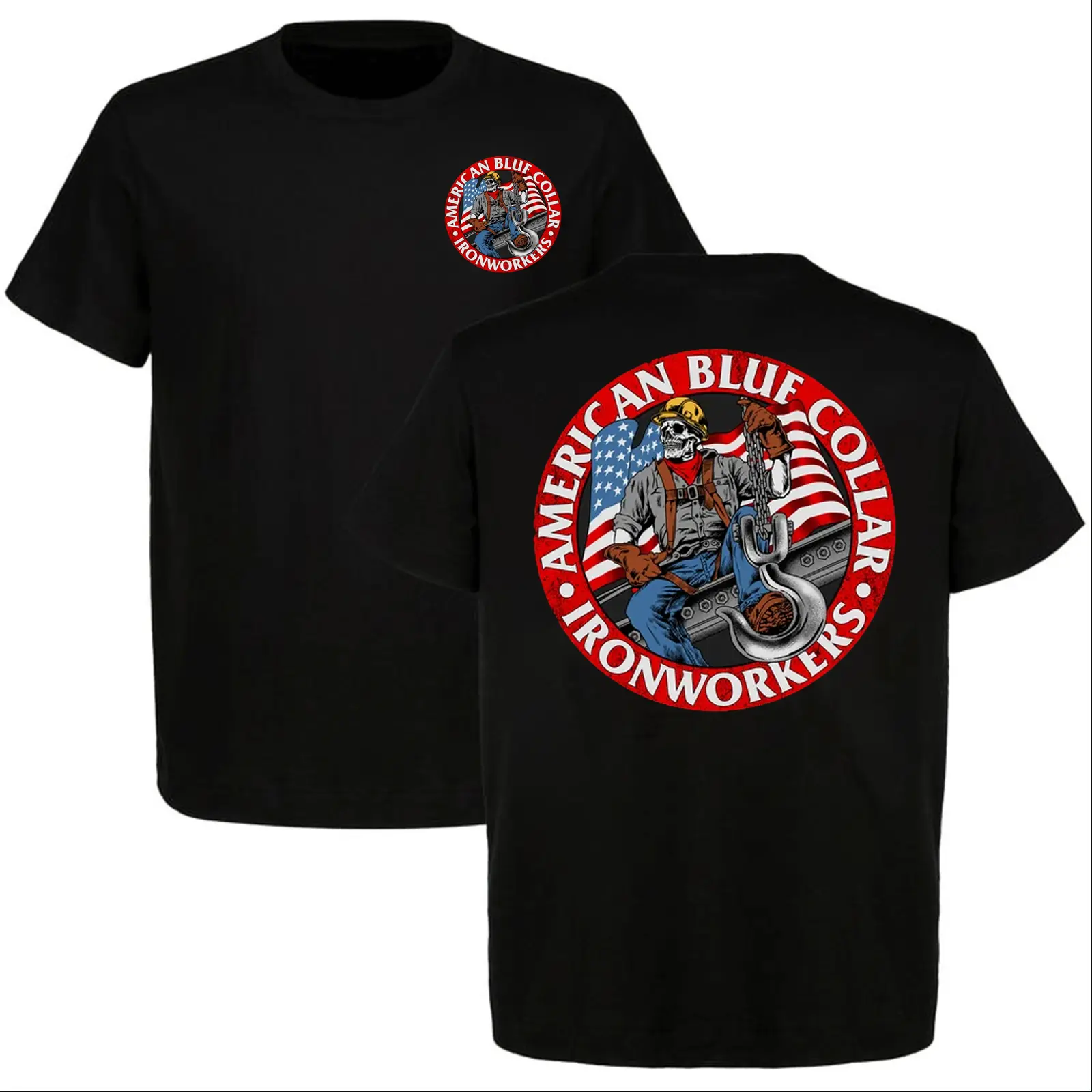 Men's American Blue Collar Ironworkers T-Shirt Patriotic USA Flag Skeleton Skull Funny Construction Gift Vintage Union Ironworkers Work Tee Shirt Dad