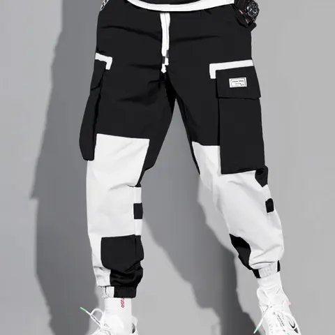 Men's Colorblock Drawstring Waist Cargo Pants Cargo Style, Casual Flap Pocket Letter Patched Trousers, Men's Streetwear Bottoms, Comfy Jogger Pants for Men, Casual Chic Trousers, Casual Outdoor Pants, Casual Fashion Bottoms