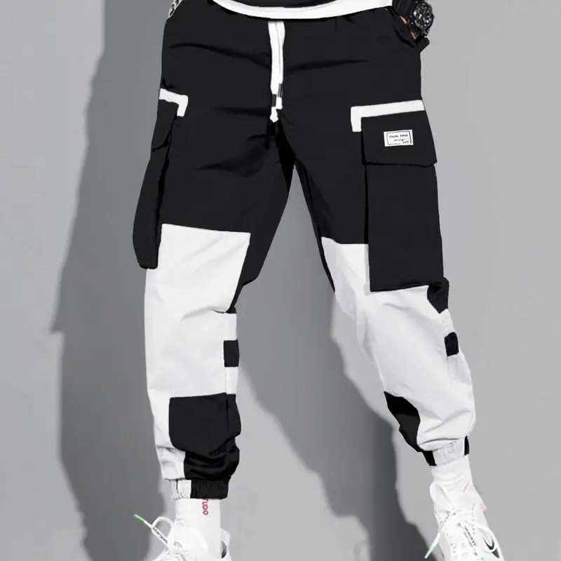 Men's Colorblock Drawstring Waist Cargo Pants Cargo Style, Casual Flap Pocket Letter Patched Trousers, Men's Streetwear Bottoms, Comfy Jogger Pants for Men, Casual Chic Trousers, Casual Outdoor Pants, Casual Fashion Bottoms