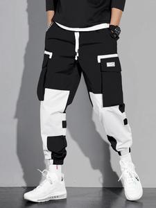 men's colorblock drawstring waist cargo pants, casual flap pocket letter patched trousers, men's streetwear bottoms, comfy jogger pants for men, athletic techwear, cargo pants for men, streetwear joggers,  mens clothing