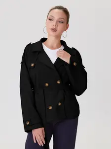 Women's Classy Solid Color Notch Lapel Double Breasted Waist Tie Fitted Jacket, Cozy Fall & Winter Button Epaulets Outerwear, Basic Lady Streetwear