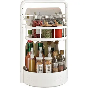 Rotating Spice Rack with Paper Towel Holder, 2 Tier Lazy Susan for Spices, Sturdy Iron Seasoning Organizer for Kitchen Countertop, White