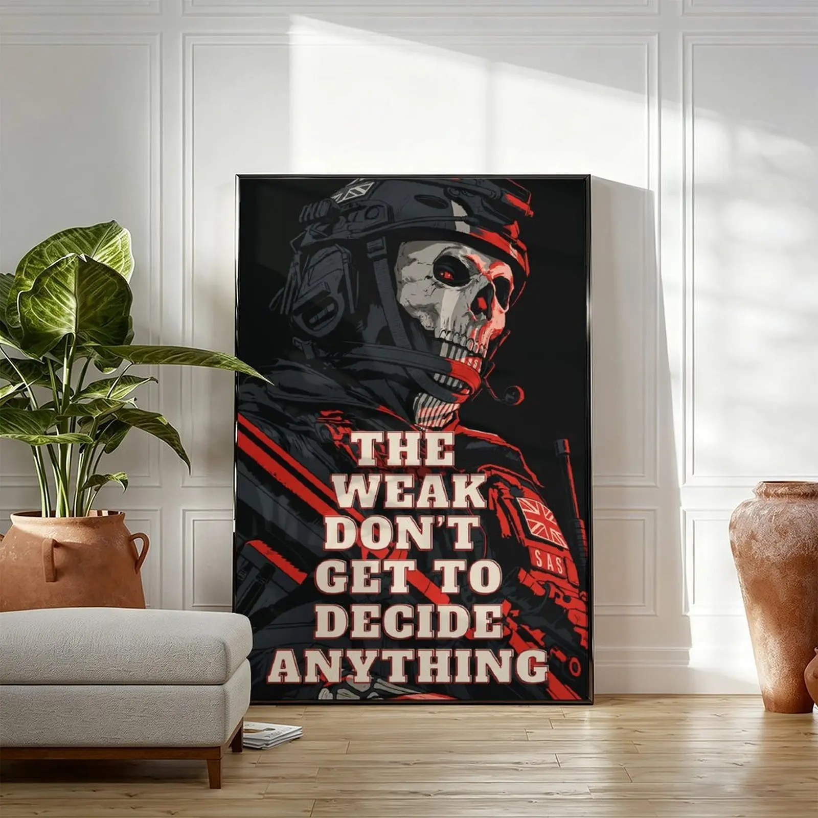 British SAS Skull Tactical Soldier Canvas Poster, "The Weak Don't Get To Decide Anything"GHOST COD Motivational Quote Wall Art, Black Red Military Gothic Skeleton Poster, Warrior Inspirational Wall Decor For Veteran Gamer