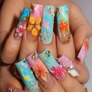 Handmade 3D Dolphin Ocean Nails, Mermaid Beach Press On Nails