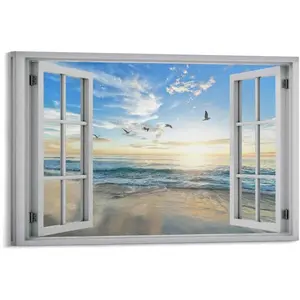Beach Wall Decor Window View Posters Ocean Seagull Wall Art Nature Landscape Picture Posters Print on Canvas Painting For Home Bedroom Dorm Wall DecorFrame-style 12x18inch(30x45cm) - Farmhouse Canvas Poster Decoration Photo Ornaments Artistic