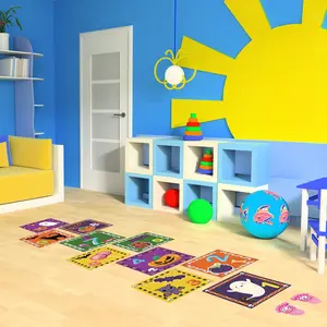 Hopscotch Floor Stickers 10pcs Set with Footprints, Self-Adhesive Indoor Jumping Game Stickers, Easy Installation, Ideal for Playroom Decor