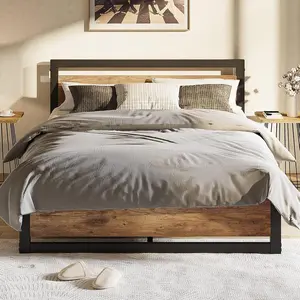 Rustic Brown King Bed Frames - 14-Inch Metal Platform Bed Frame with Wooden Headboard and Footboard, No Box Spring Needed, Easy to Assemble, Noise-Free