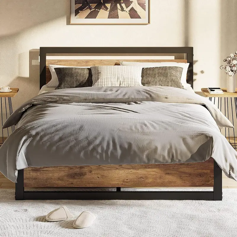 Industrial King Size Bed Frame Set - 14-in Heavy-Duty Metal Platform, Wood Grain Headboard & Footboard, 700lb Capacity, No Box Spring Needed, Easy Assembly, Noise-Free, Rustic Brown Commercial Office Storage Furniture