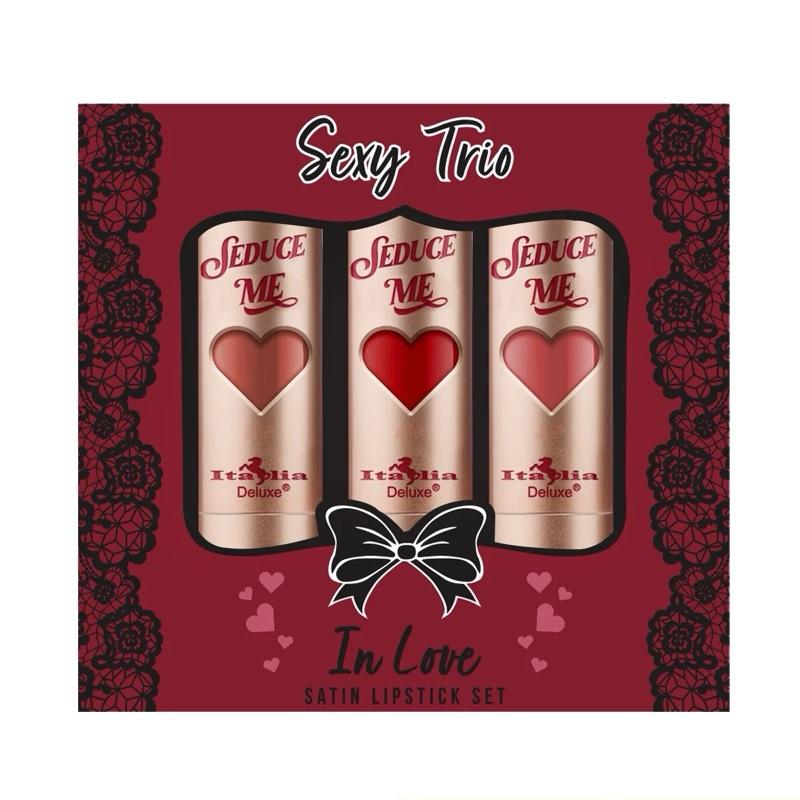 Italia Deluxe Sexy Trio Satin Lipstick Sets - Lingerie, First Date, Wildin, In Love, Satin Lipsticks with Cocoa Butter Scent for Smooth Application