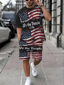 Men's Patriotic 250th Anniversary 3D Print Sports Set, Casual Short Sleeve Tee and Shorts, Fireworks and Flag Design, Breathable Summer