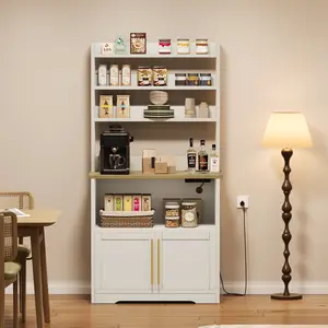 【GARVEE】Farmhouse Tall Large Kitchen Microwave Stand with Thickened Counter, 4-Tier Storage, Power Outlet, Cupboard, and Floor Cabinet in Rustic Gray for Living Room