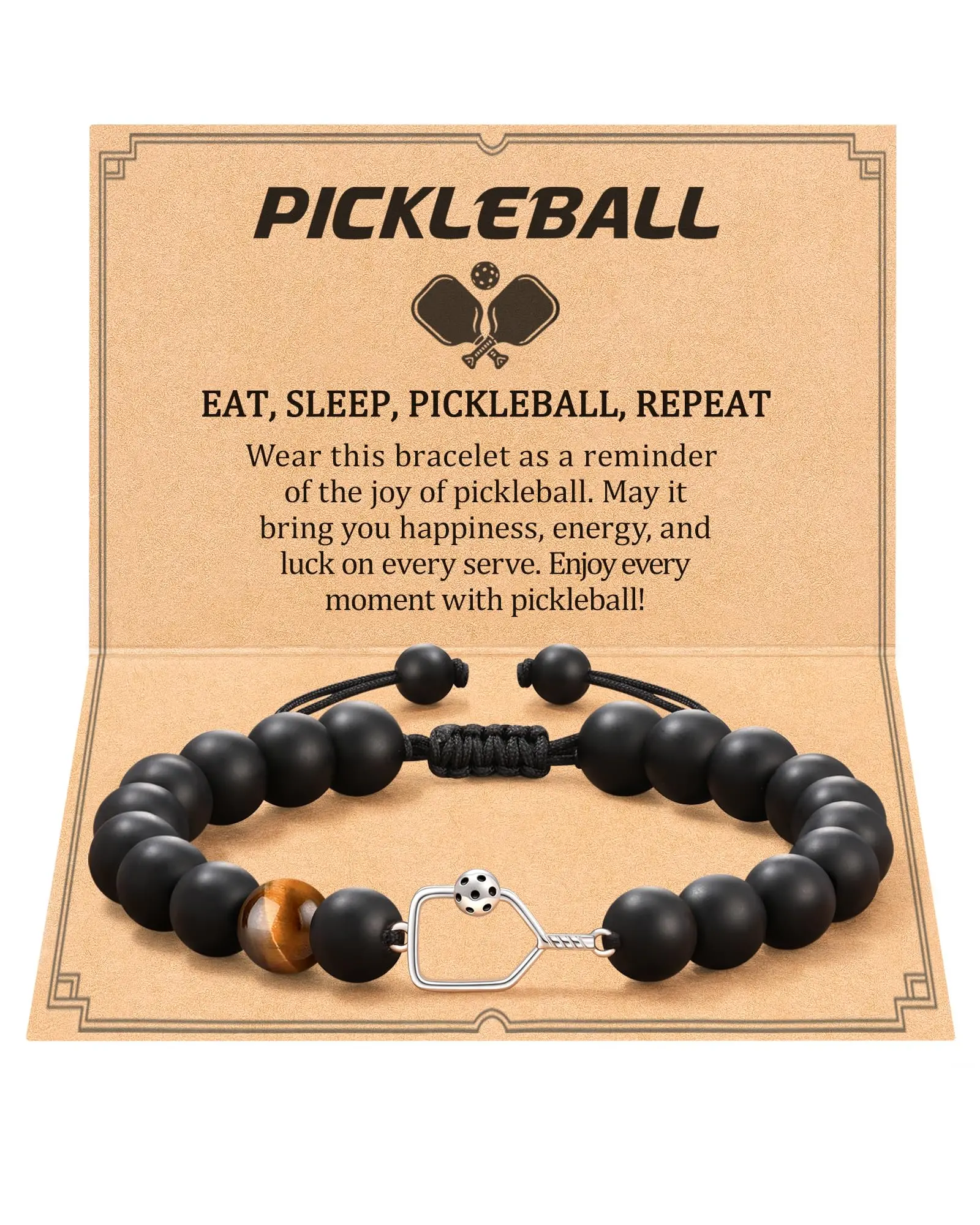 Unisex Pickleball Charm Bracelet Wristband - Handmade 8mm Natural Stone Beaded Jewelry, 7'' to 11'' Adjustable, Handmade Look Gift for Adult Players, Birthday Gift