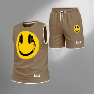 Men's Summer Basketball Set With "Smiling Face" Print — Featuring A Sleeveless Tank Top Paired With Shorts, This Lightweight, Casual, And Street-Style Athletic Suit Is Perfect For Both Daily Wear And Vacationing