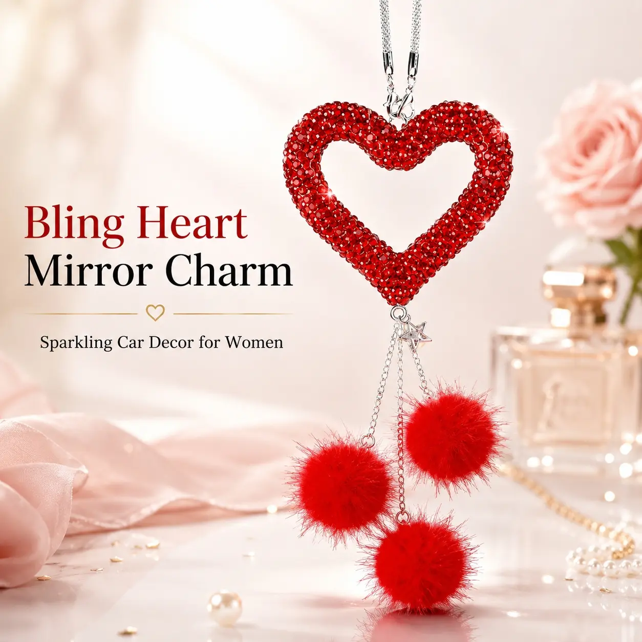 Glamorous Sparkling Heart Car Mirror Charm for Women - Luxury Bling Rearview Accessory, Trendy Crystal Dashboard Decoration, Cute Car Jewelry for Girls, Perfect Gift for Birthday, Holiday, and Special Occasions