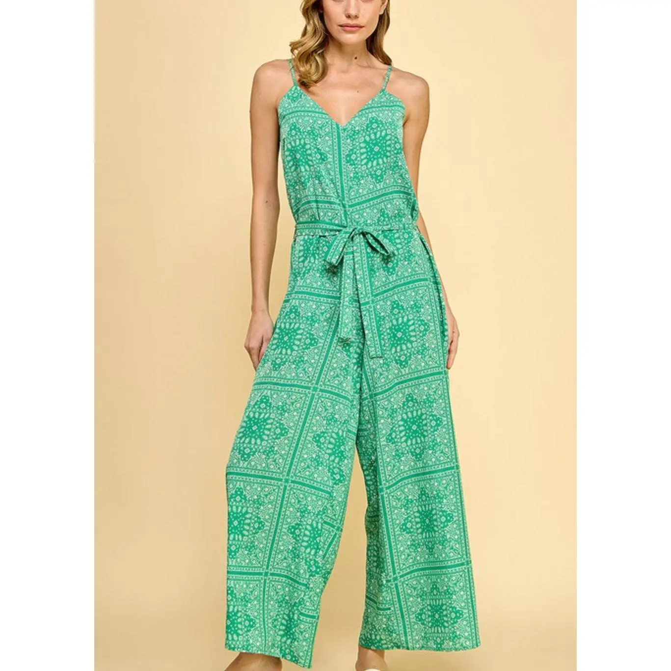 Green paisley scarf print long romper jumpsuit