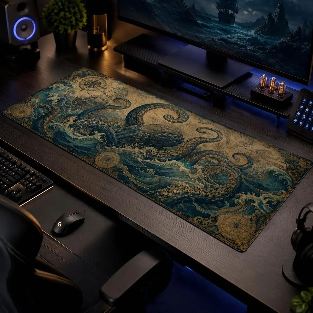 Vegan Leather Desk Mat, Vintage Kraken Map Mouse Pad, Nautical Octopus Keyboard Pad, Antique Ocean Decor, Steampunk Gamer Gift for Him