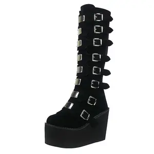 Womens Chunky Platform Knee High Boots High Heel Round-Toe Zip Punk Goth Mid Calf Combat Boots