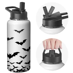 Stainless Steel Water Bottle with Flip Lid - Black and White Bat Print - Halloween Theme - Outdoor Sports, Travel, Gym Use