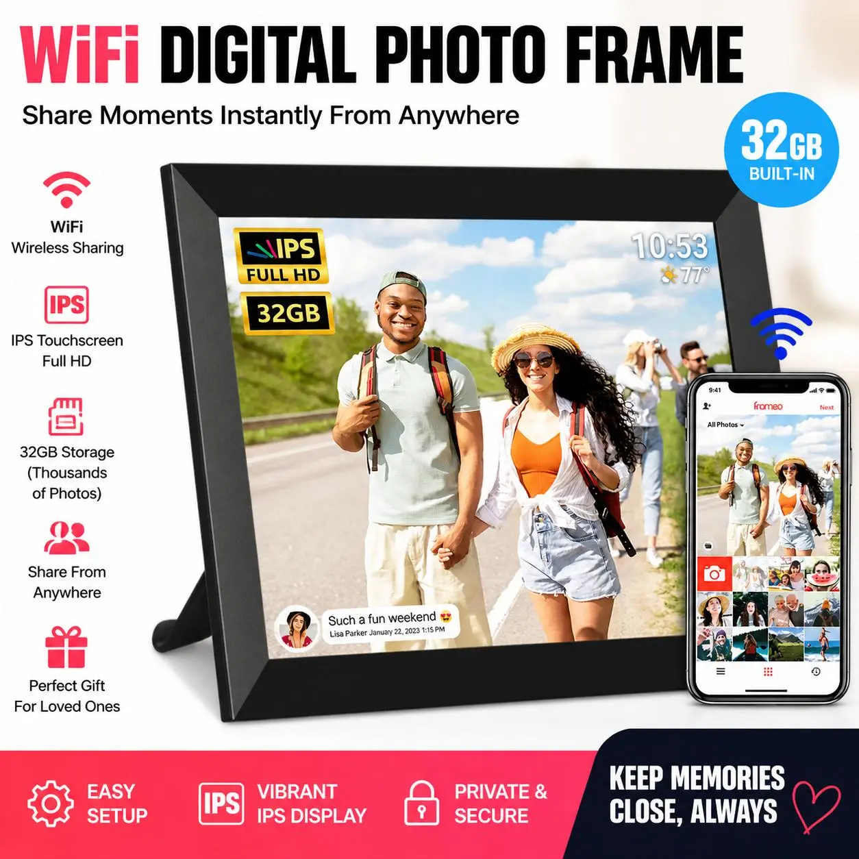 FRAMEO 10.1 Inch WiFi Digital Picture Frame, 1280x800 HD IPS Touchscreen Digital Photo Frame Electronic, 32GB Storage, Auto-Rotate, Wall Mountable, Share Photos/Videos via Frameo App from Anywhere Home Decoration Adjustable summerwins