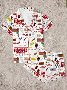 Stranger Things Pajama Set Two-Piece Lapel Button Top and Shorts, Women's Casual Home Wear, Comfortable Party, All Seasons