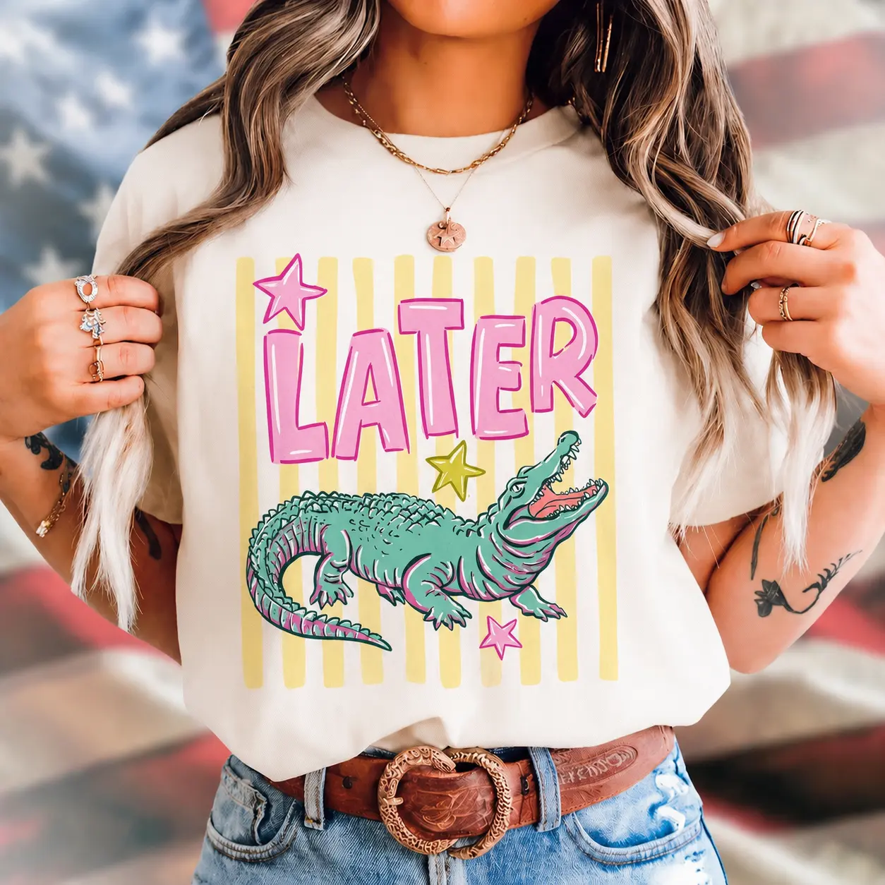 Later Alligator Graphic Tee, Cute Retro Crocodile T-Shirt for Women, Funny Summer Casual Shirt,soda,unisex,top,tee casual crewneck,,cotton,,comfortable