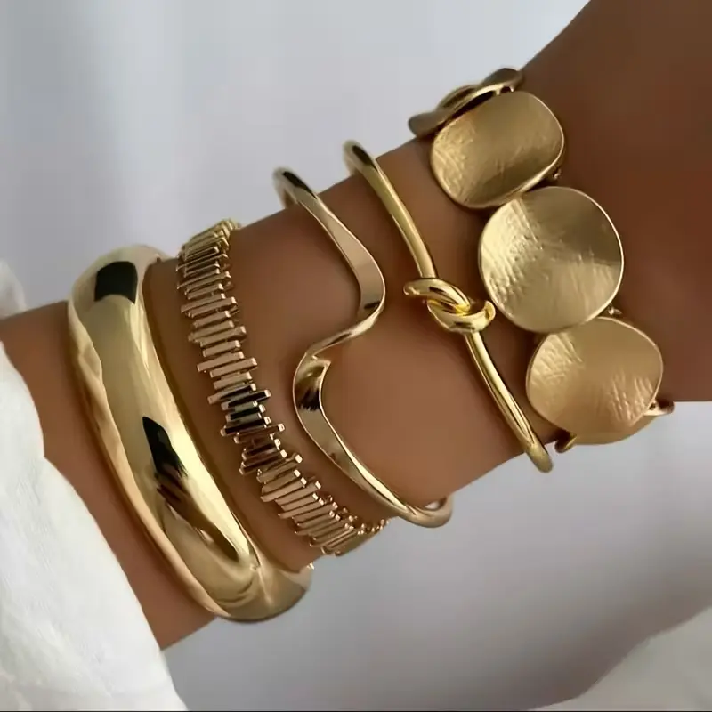 Gold Tone Geometric Bracelet Set, 5-Piece Stackable Wave & Knot Bangle Jewelry for Women, Perfect for Daily Wear & Holiday Gifts, Bracelet Jewelry, Bracelets