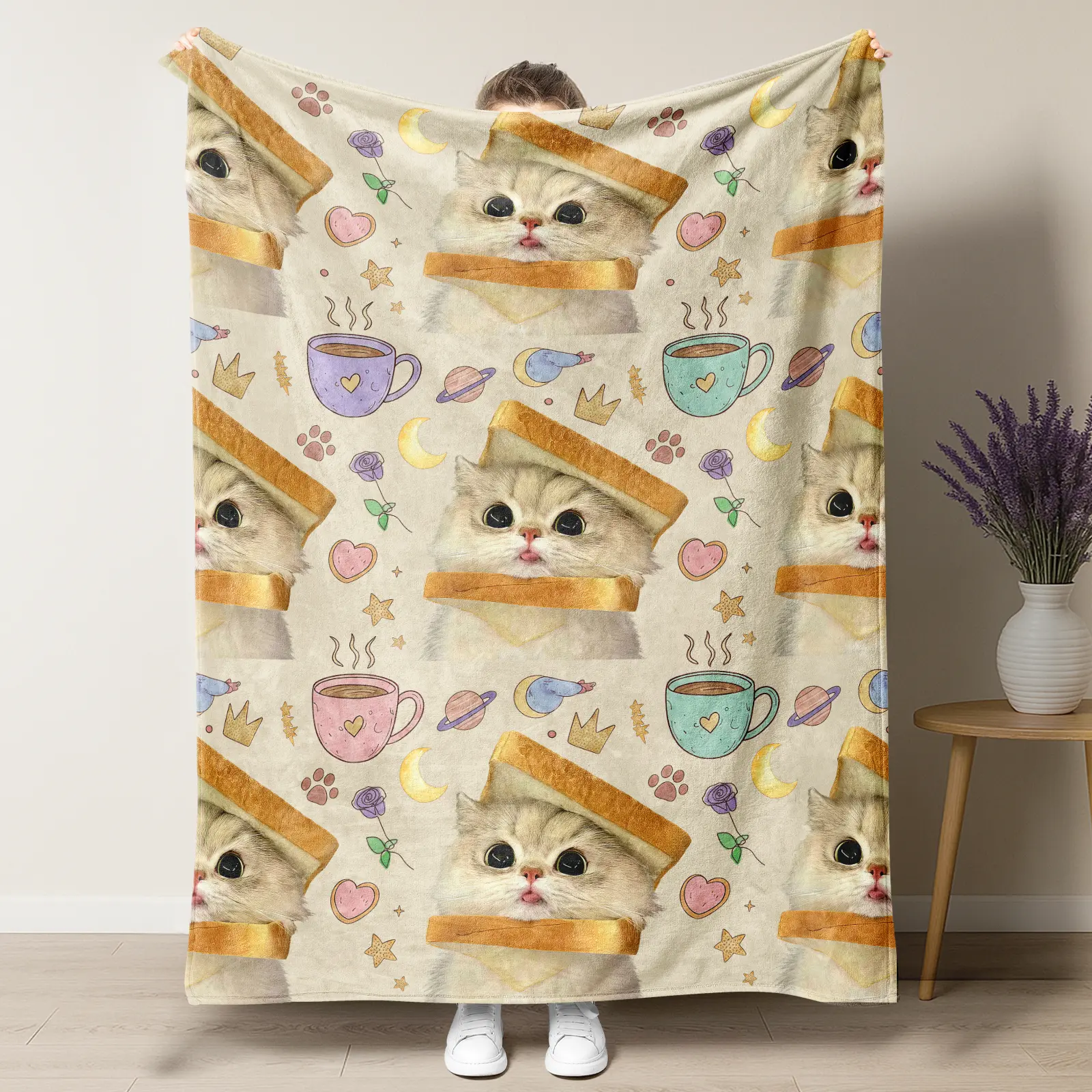 Cute Toast Cat Sandwich with Coffee & Moon Flannel Blanket,Kawaii Cozy Cat Lover Throw Blanket,Novelty Cat Lover Gift,Funny Meme Cat Blanket for Bedroom & Dorm