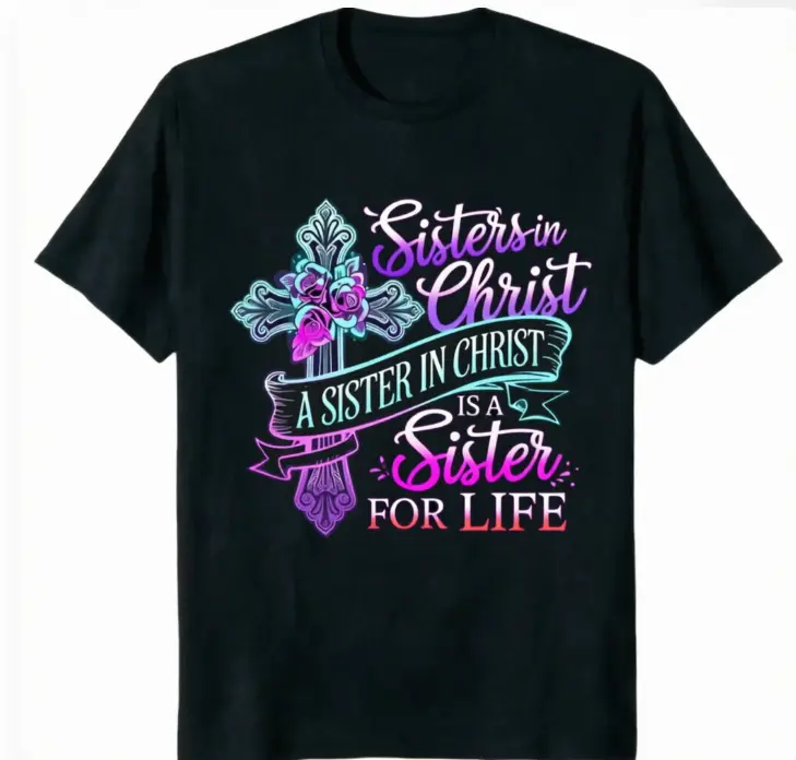 Vintage Purple Teal Rose Cross Sisters In Christ Faith Scripture Cotton Tee Summer Cool 100% Christian Women Religious Friend Casual Daily Unisex Outfit