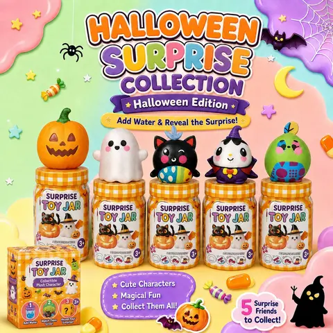Halloween Surprise Toy Jar - Water Reveal Mystery Plush Characters, Cute Collectibles, Magic Add-Water Activated Unisex Unique Cool Gifts for Kids Ages 5+
