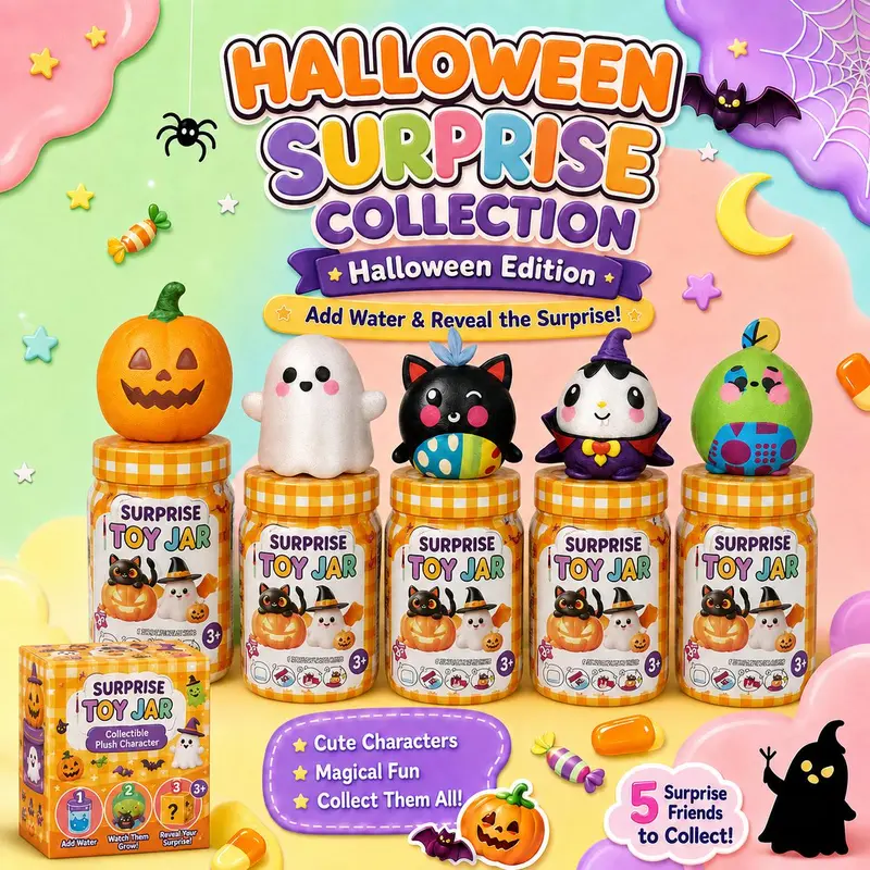 Halloween Surprise Toy Jar - Water Reveal Mystery Plush Characters, Cute Collectibles, Magic Add-Water Activated Unisex Unique Cool Gifts for Kids Ages 5+
