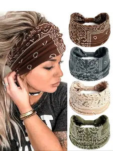 Boho Style Vintage Nut Fabric Print Hairbands for Women, Crossed Wide Elastic Sports Yoga Headbands, Workout Headband, 4pcs Set