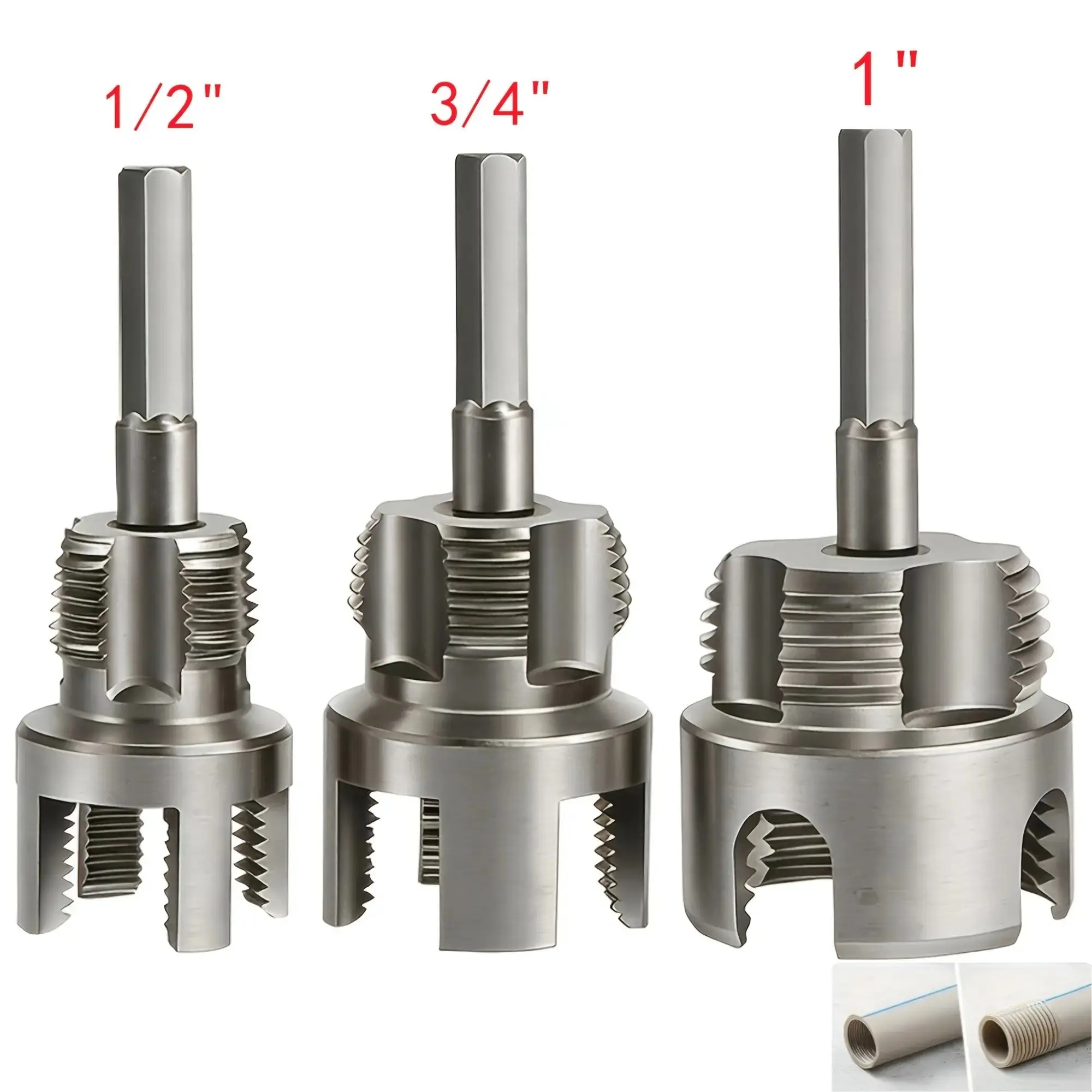 3-Piece Heavy-Duty Build Pipe Threading Complete Set, 3 Essential Tools with 1/2in, 3/4in, 1in Internal/External Thread Dies, Drill Bit Compatible for PVC PPR MPP Pipes, Professional Installations, Versatile Sizes