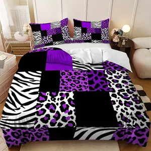 Bedding Set - 3pcs Purple, Black, White, Leopard and Zebra Print Patchwork Down Comforter Set (1 comforter cover + 2 pillowcases, filling not included) A gift for family and friends, soft and comfortable, suitable for family bedrooms and guest rooms.